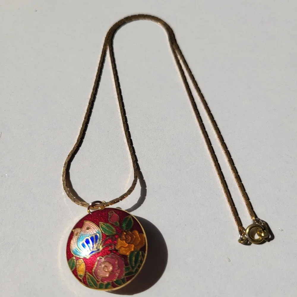 Vintage Two Sided Puffy Cloisonne Pendant Necklace Red Floral Butterfly
